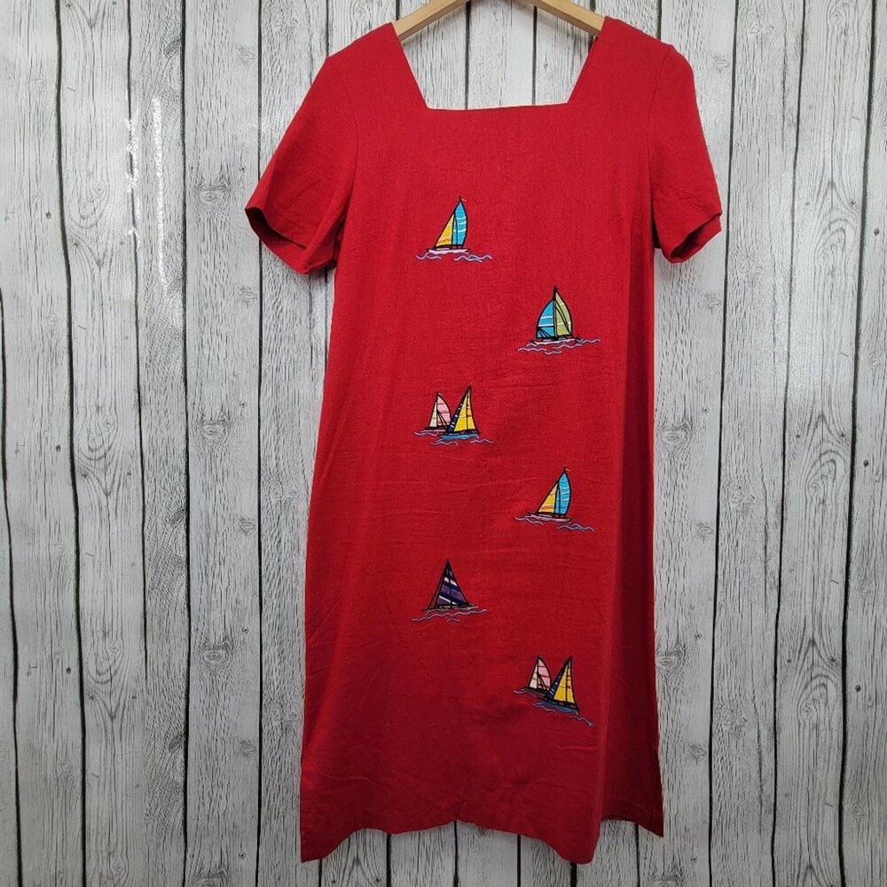 Country Concept Embroidered Sailboats Linen Blend Dress